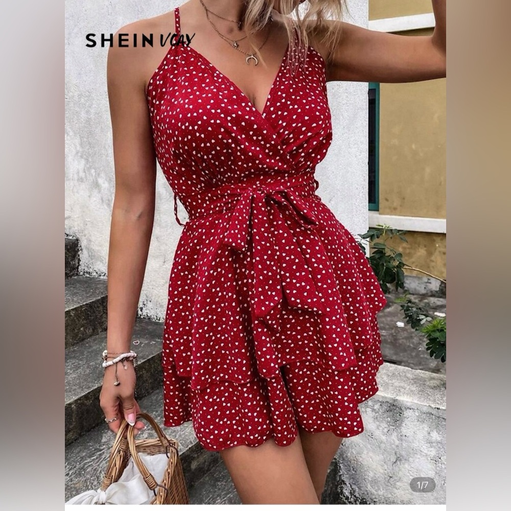 SHEIN  Red Polka Dot Romper Dress